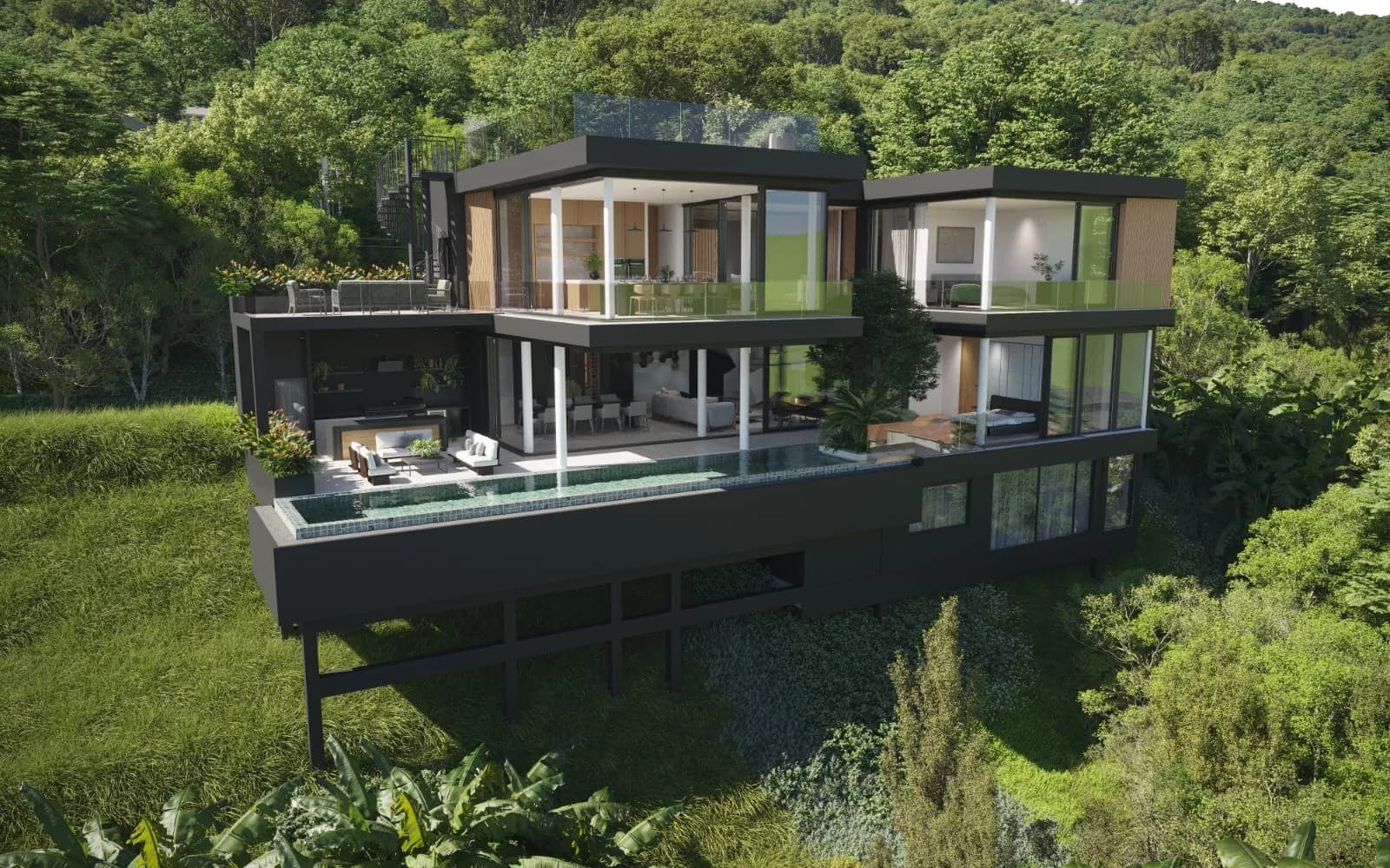 Perch House, hillside three-floor exterior with cantilevered pool deck